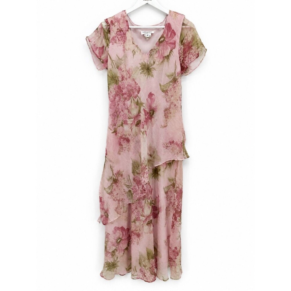 Miss Dorby Pink Floral Maxi Dress Chiffon Layer Shabby Chic Vintage Fairy Size 8